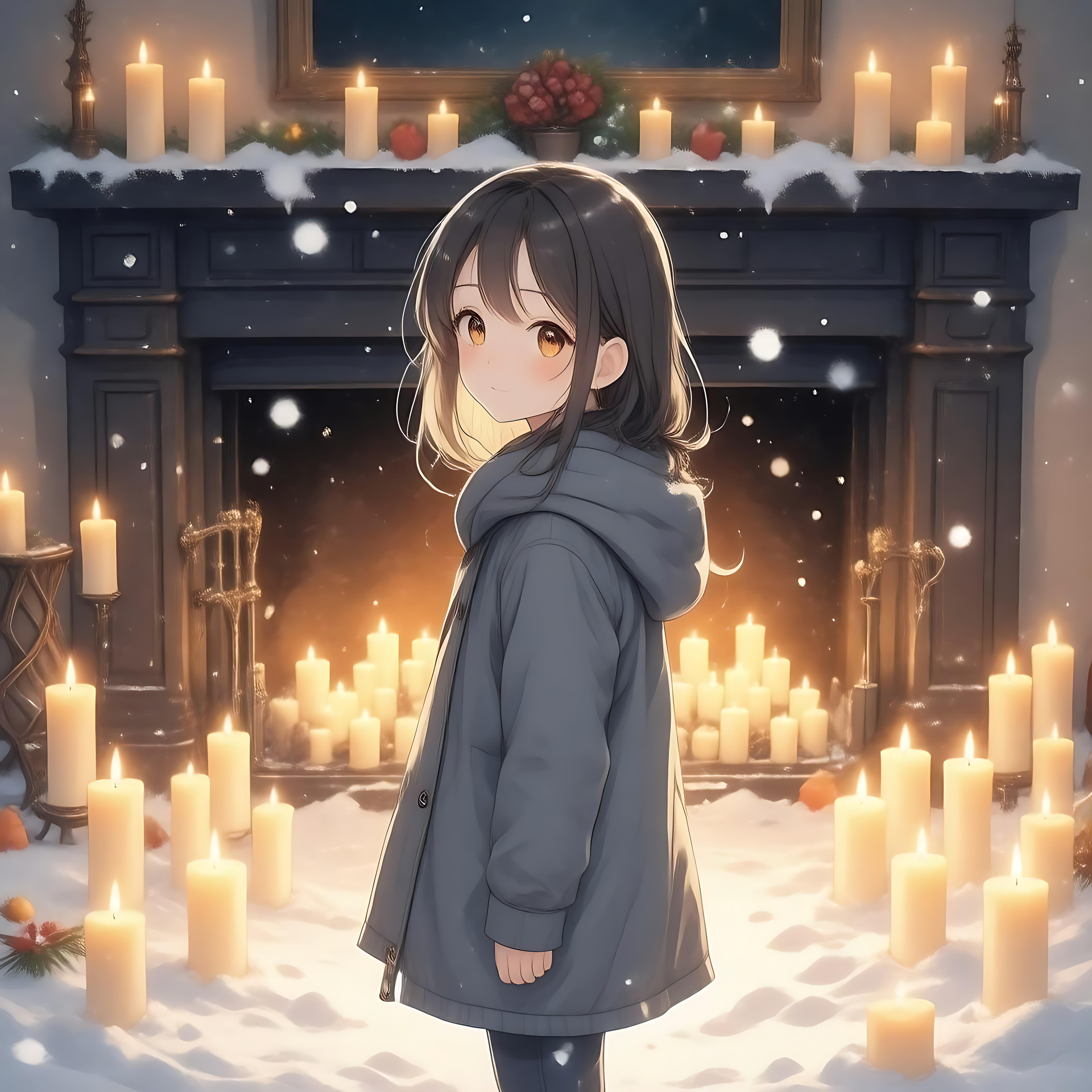 Γαλήνη στο Anime: Μια Χειμερινή Σκηνή με Κεριά Κορίτσι anime με παλτό, περιτριγυρισμένο από κεριά, με χιονισμένη ατμόσφαιρα.