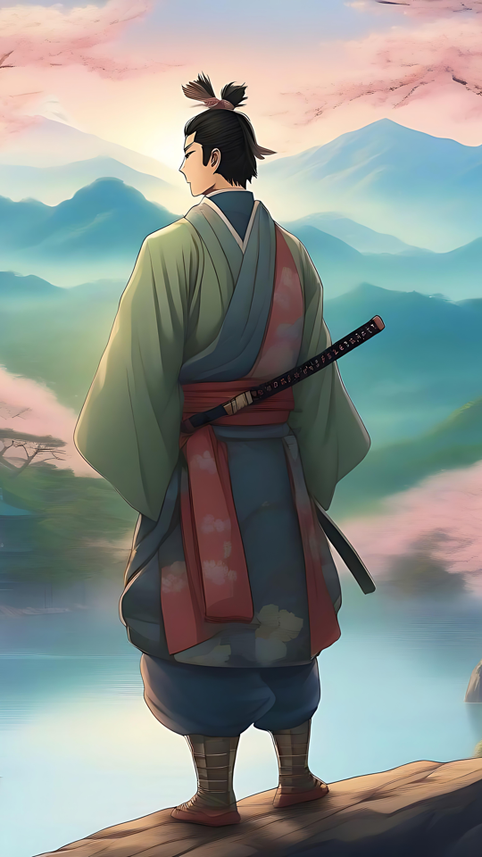 Samurai Tranquilo com Vista para Cerejeiras em Flor Obra de arte em estilo anime de um samurai em meio a cerejeiras em flor e paisagens montanhosas.