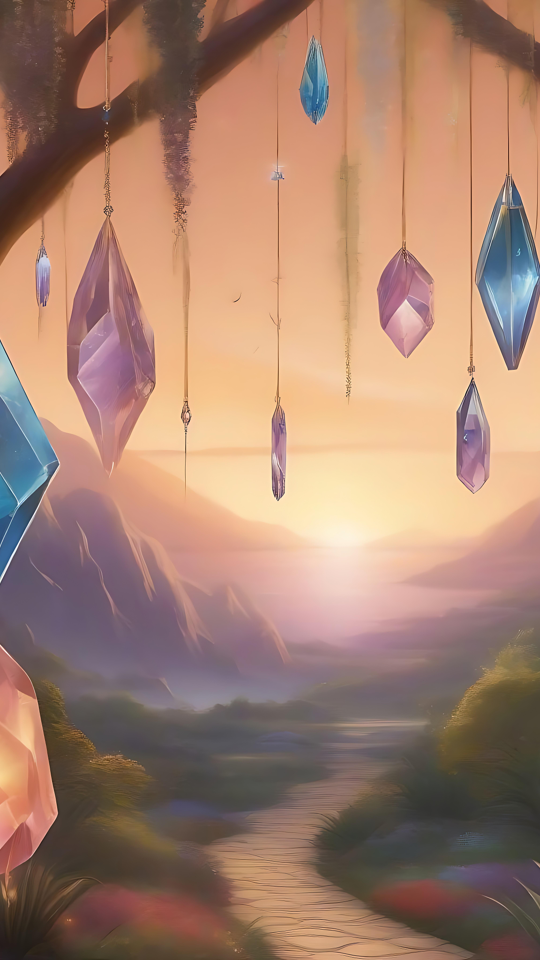Hanging Gemstones in a Mystical Forest Magical forest scene with hanging gemstones and a glowing sunset