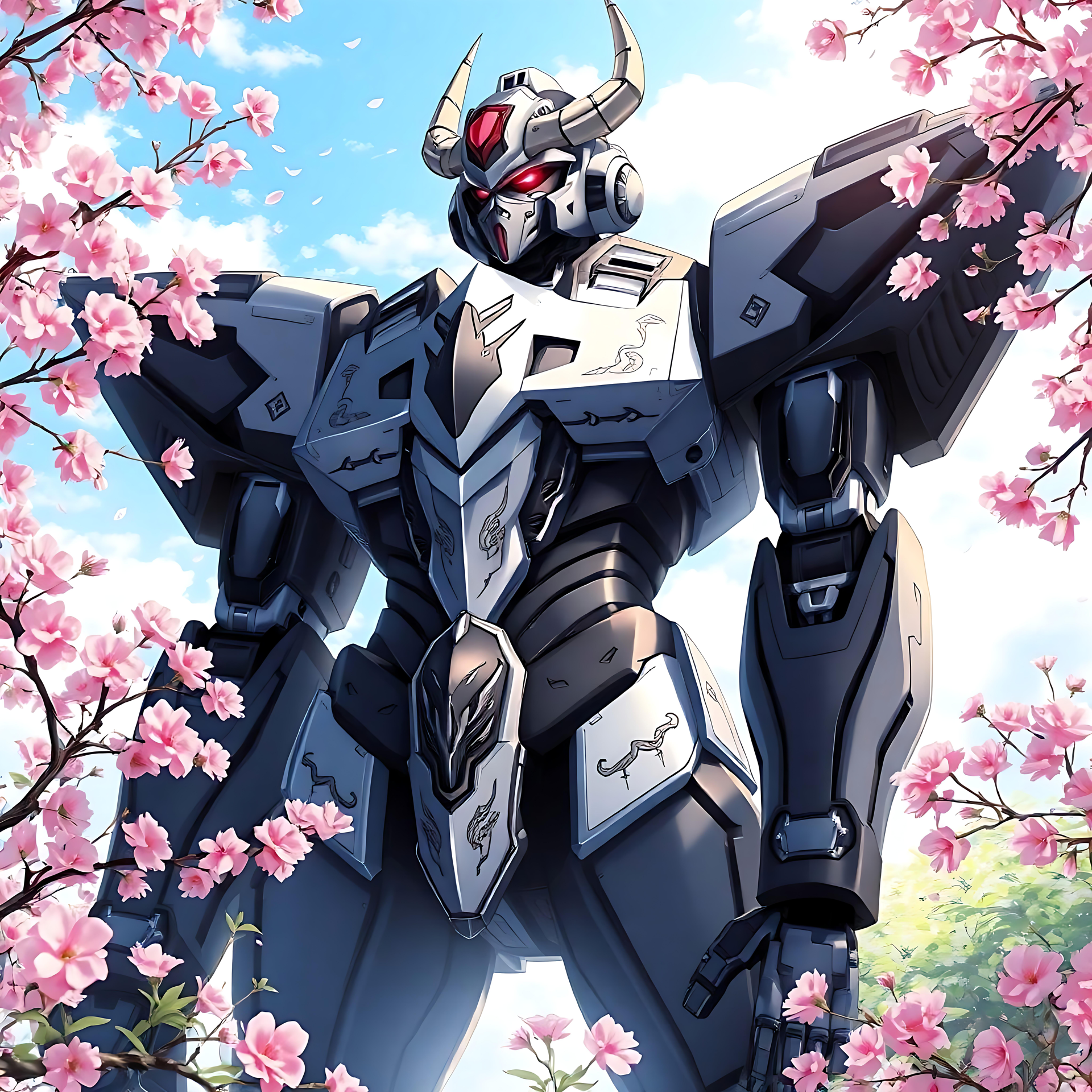 Mecha Maestoso Tra I Fiori Di Ciliegio: Una Fusione Di Natura E Tecnologia Mecha in stile anime circondato da fiori di ciliegio in piena fioritura sotto un cielo luminoso.