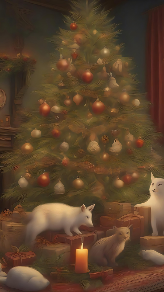 En magisk julgran med skogsvänner En mysig julscen med en lysande gran, skogsdjur och festlig inredning.