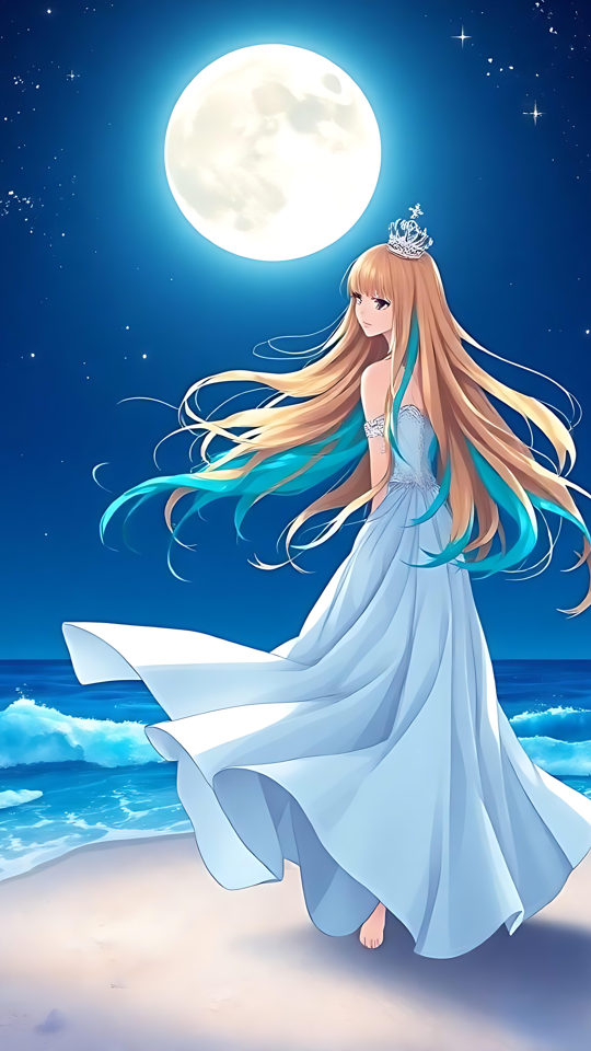 Gelassene Anime-Prinzessin unter dem Schein eines Vollmondes Anime-Prinzessin steht an einem mondbeschienenen Strand mit fließendem Haar und einem aquablauen Kleid unter einem leuchtenden Vollmond.