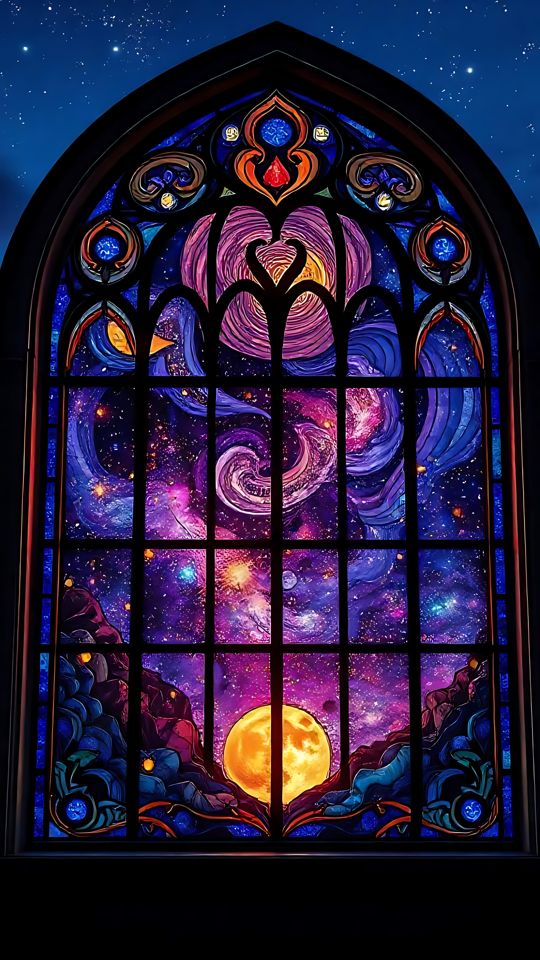 Magnífico arte de galaxias de vidrio pintado en 3D Una vibrante obra de arte de vidrio de colores en 3D que representa una galaxia con estrellas giratorias y una luna brillante, enmarcada por una ventana arqueada decorativa.