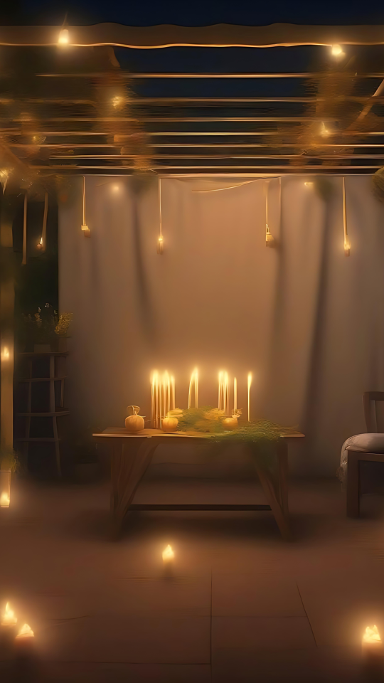 Una Noche Mágica de Janucá Bajo Luces Suaves Escena nocturna de Janucá con luces brillantes bajo una pérgola y velas en una mesa