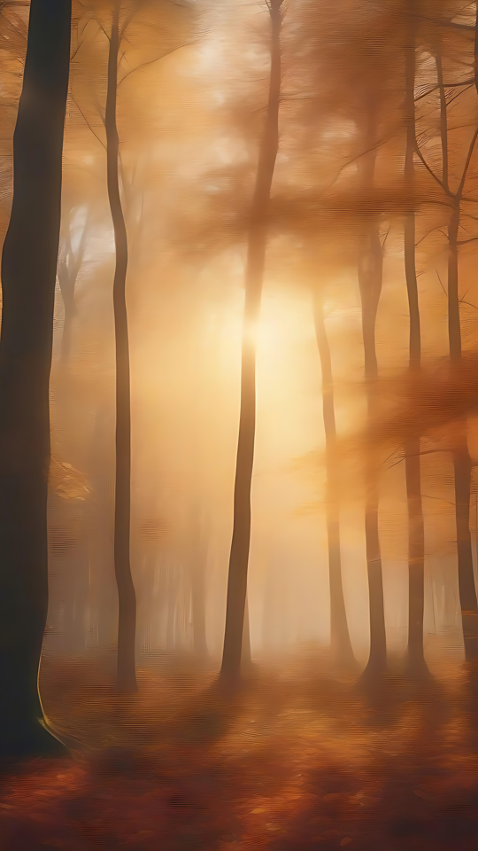 Les Rayons Dorés Embrassent la Forêt d'Automne Lumière dorée du soleil filtrant à travers une forêt d'automne sereine avec des feuilles chaudes couleur ambre couvrant le sol.