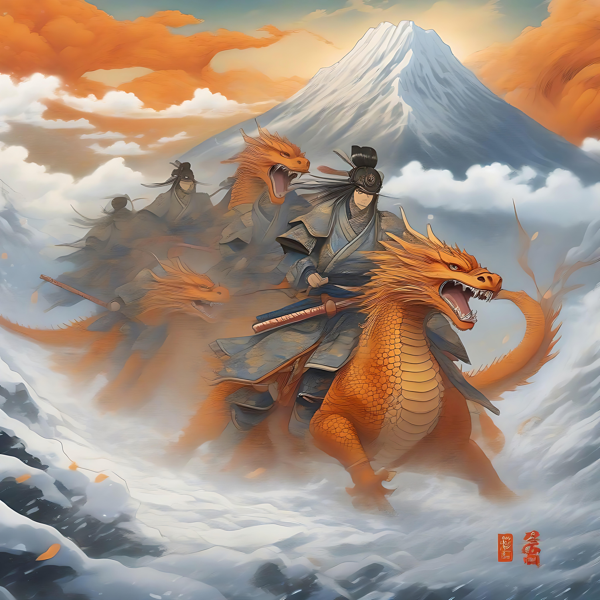 Samuraikrigere og deres majestætiske drager Episk kunstværk af samuraikrigere, der rider på orange drager gennem sneklædte bjerge under en orange himmel.