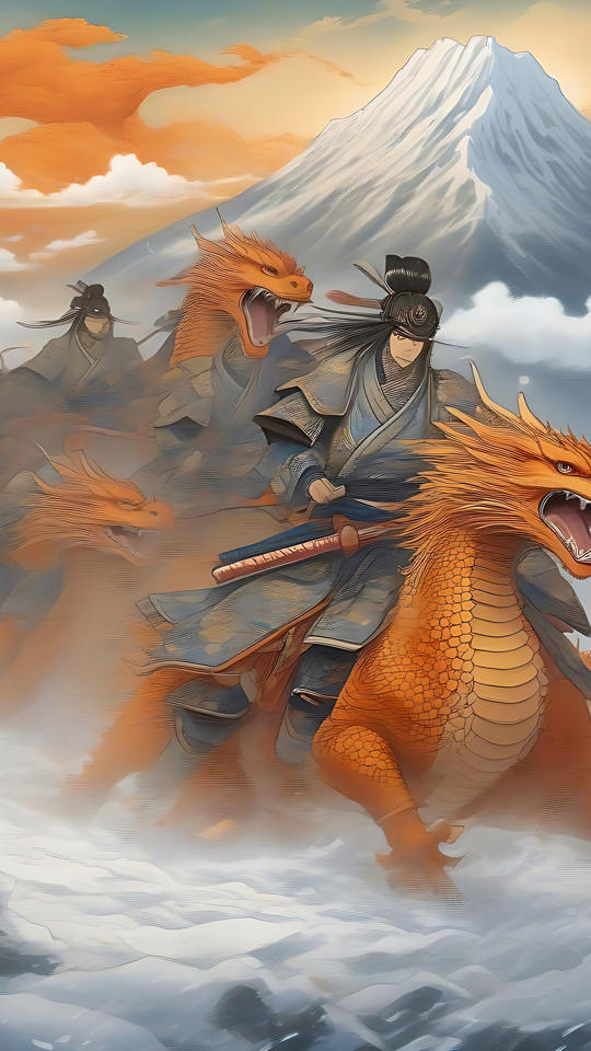 Samuraikrigere og deres majestætiske drager Episk kunstværk af samuraikrigere, der rider på orange drager gennem sneklædte bjerge under en orange himmel.