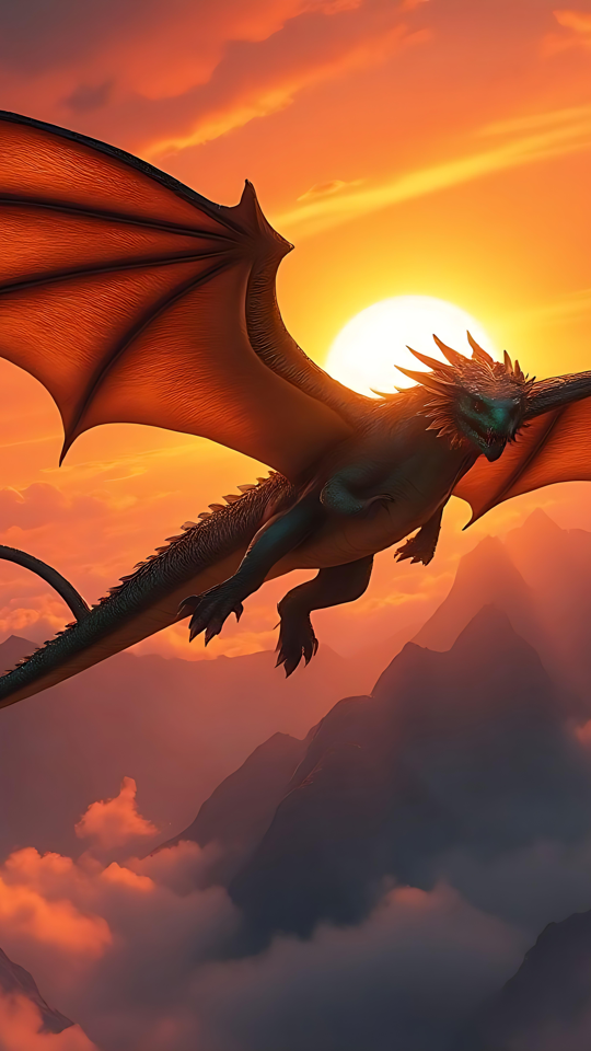 Dragão Planando Através de um Horizonte Ardente Dragão majestoso com asas carmesim planando sobre pôr do sol vibrante e picos de montanha.