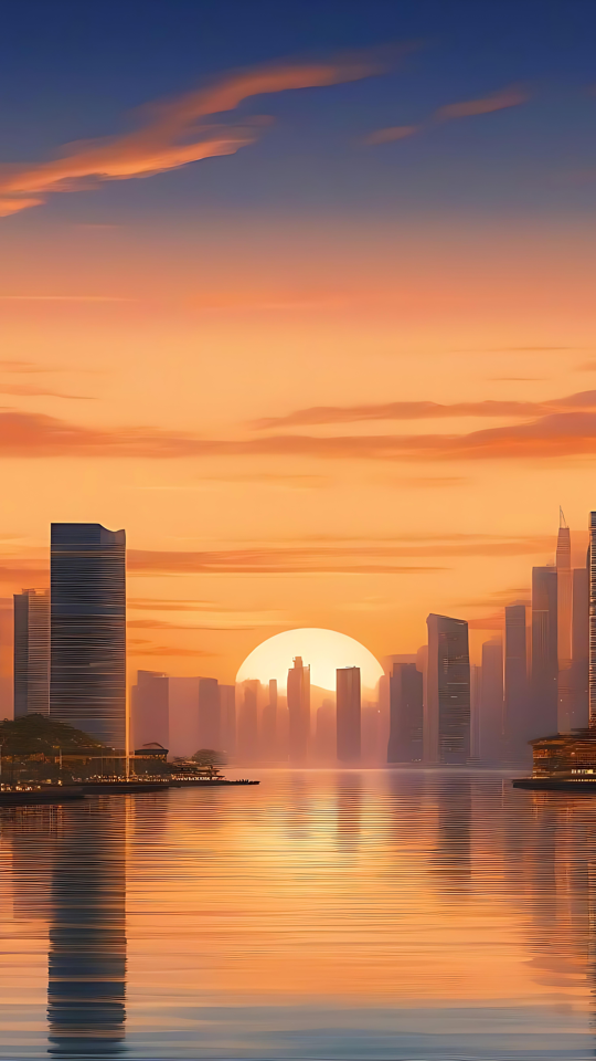 Un coucher de soleil serein sur un paysage urbain futuriste Un coucher de soleil serein sur un paysage urbain futuriste avec des gratte-ciel étincelants et une surface d'eau réfléchissante.