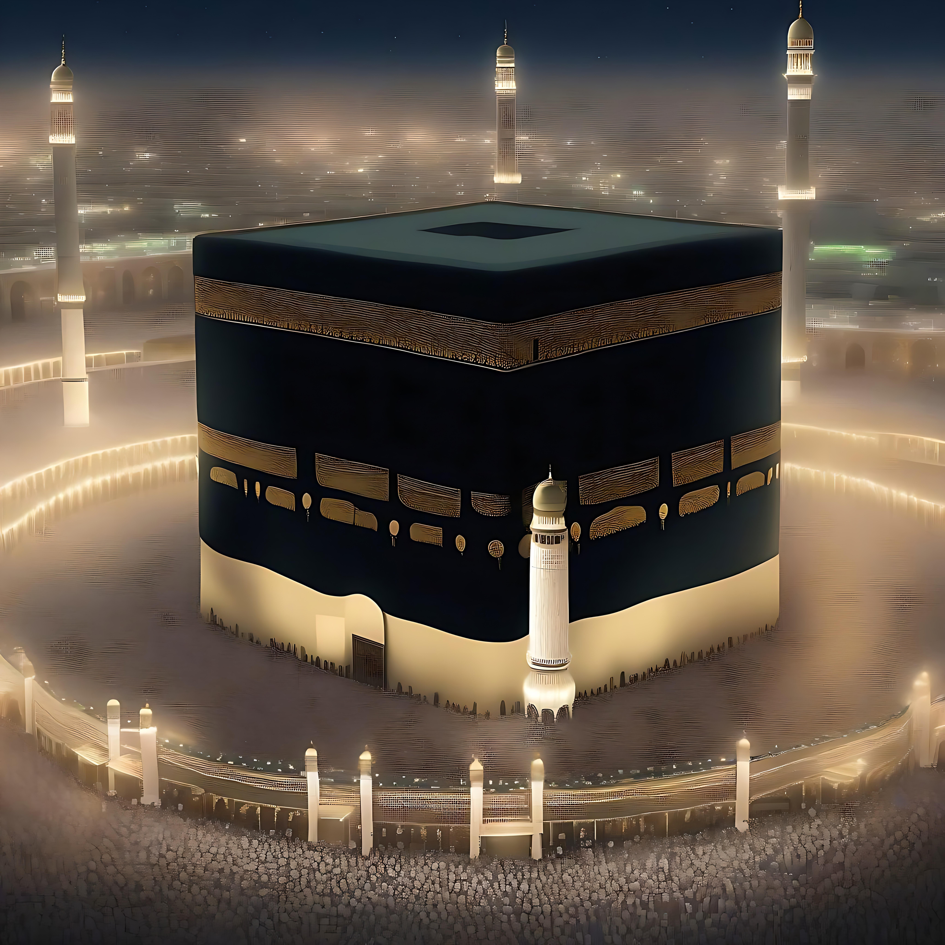 En helig vy av Kaba upplyst på natten Upplyst Kaba på natten omgiven av lugn belysning och minareter i Mecka.