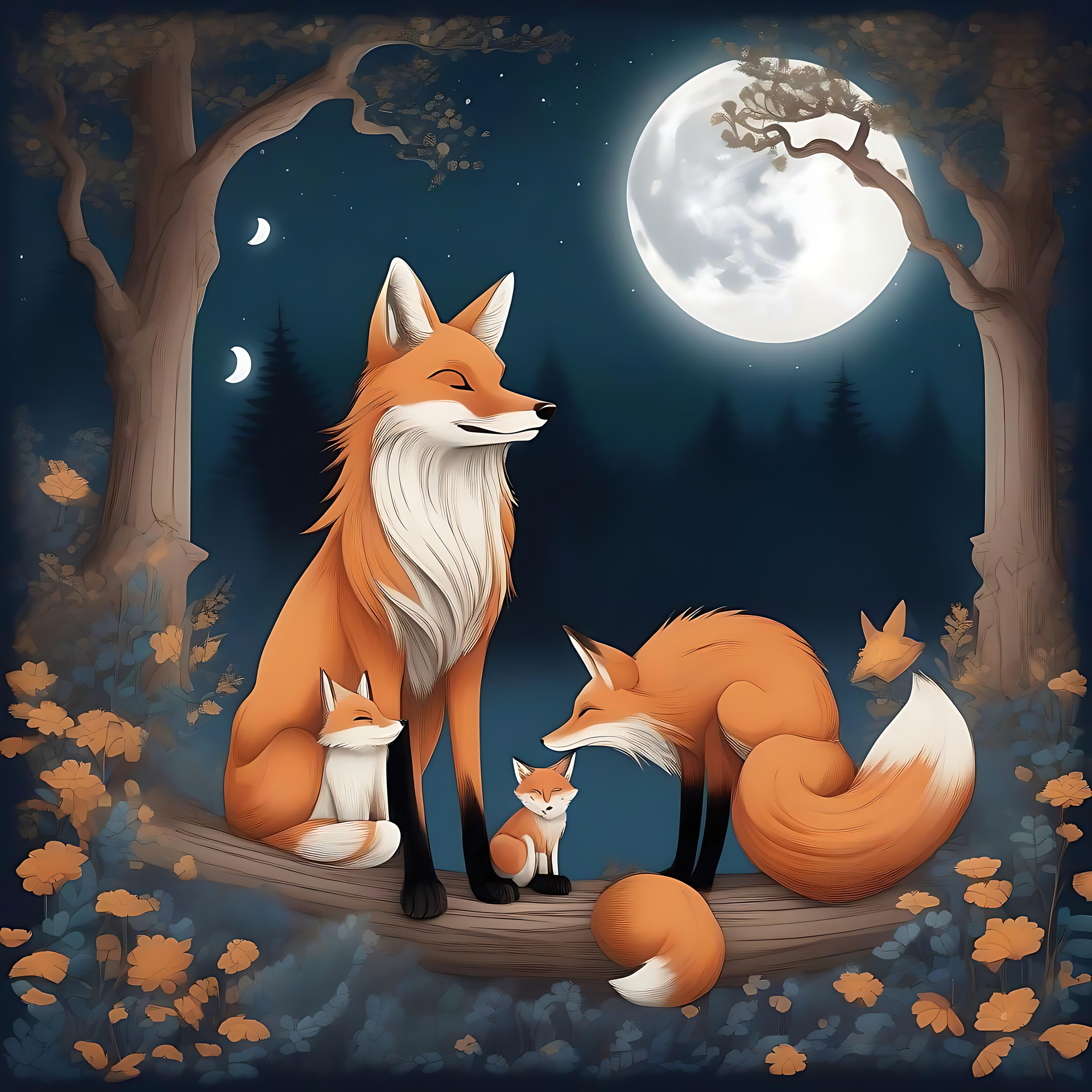 عائلة الثعالب الهادئة تحت ضوء القمر عائلة ثعالب بأسلوب الأنمي تحت قمر مكتمل في غابة هادئة