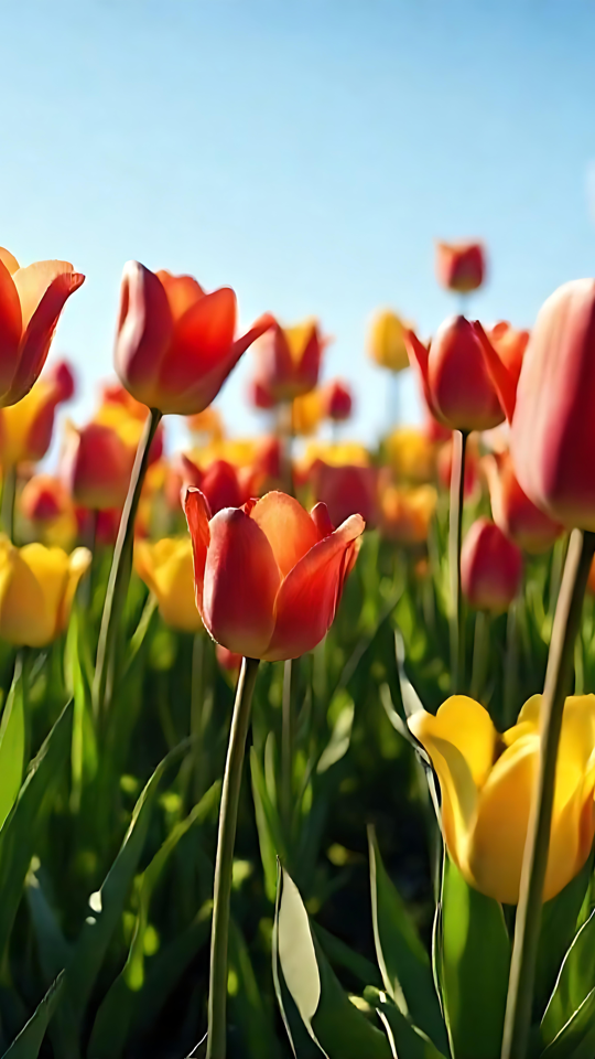 Uma Sinfonia de Tulipas Iluminada pelo Sol Um campo de tulipas vibrante banhado pela luz do sol com flores laranja e amarelas contra um céu azul claro.