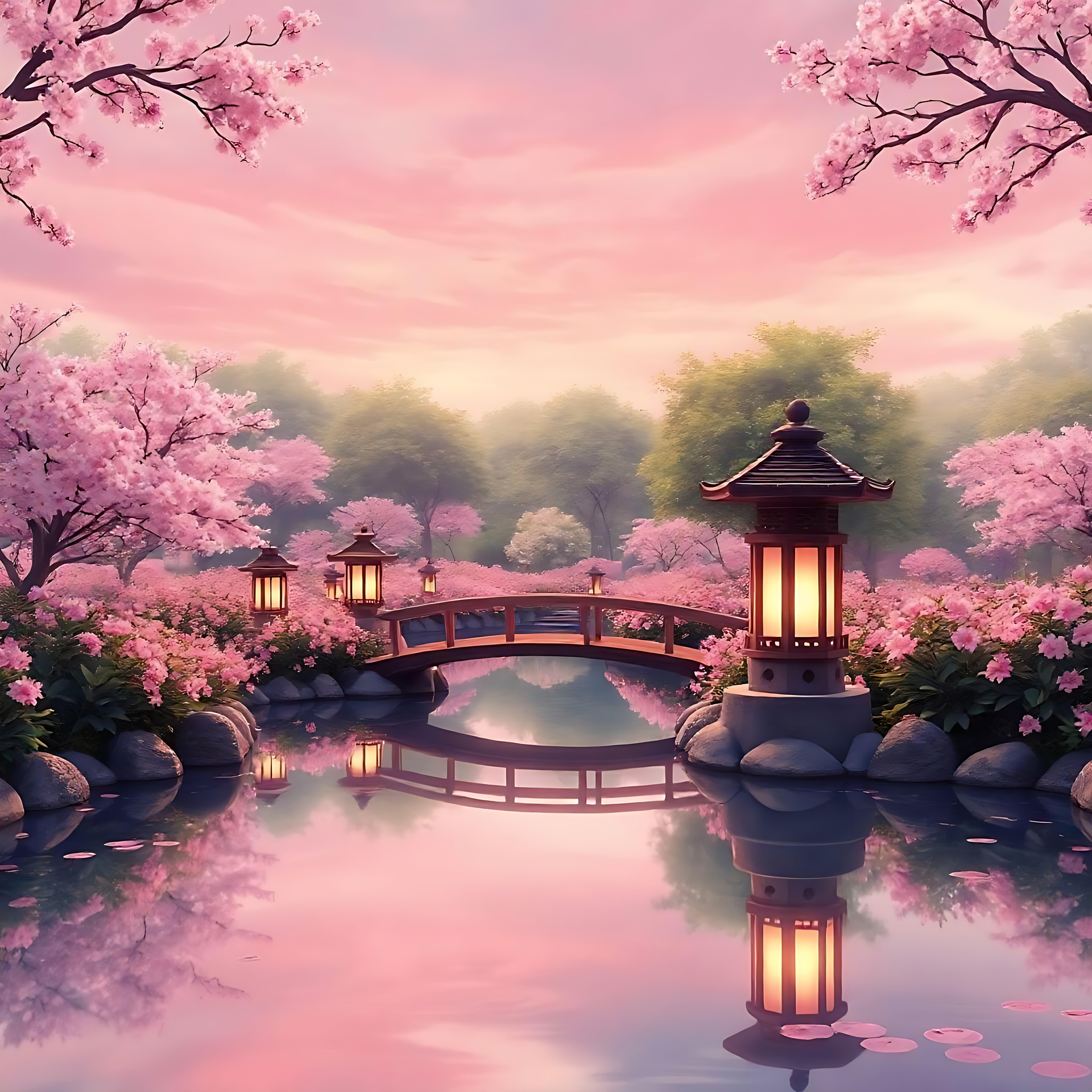 Jardín de Sakura Sereno en Arte Anime Obra de arte de anime de un jardín de sakura con cerezos en flor, farolillos y un puente durante un atardecer sereno