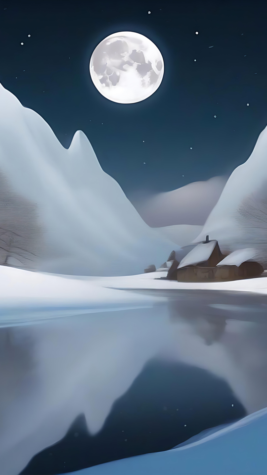 Moonlit Winter Serenity Amid Snowy Mountains A serene winter night scene showing snow-covered mountains, a reflective lake, and a full moon illuminating the sky.