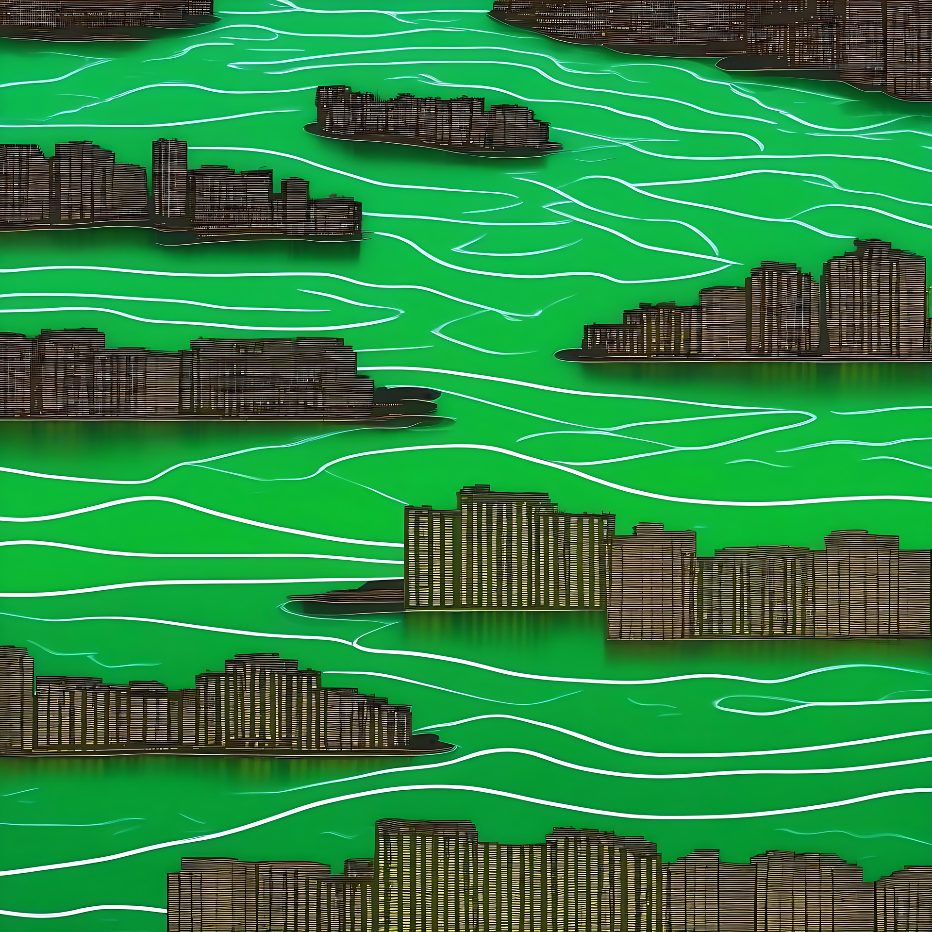Floating Bookshelves on Verdant Anime Waves Anime artwork of floating bookshelves over green waves