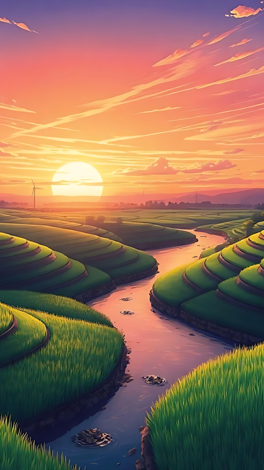 Atemberaubender Anime-Sonnenuntergang über Ruhigen Terrassenfeldern Sonnenuntergang im Anime-Stil über üppigen Terrassenfeldern mit einem fließenden Bach im Vordergrund.