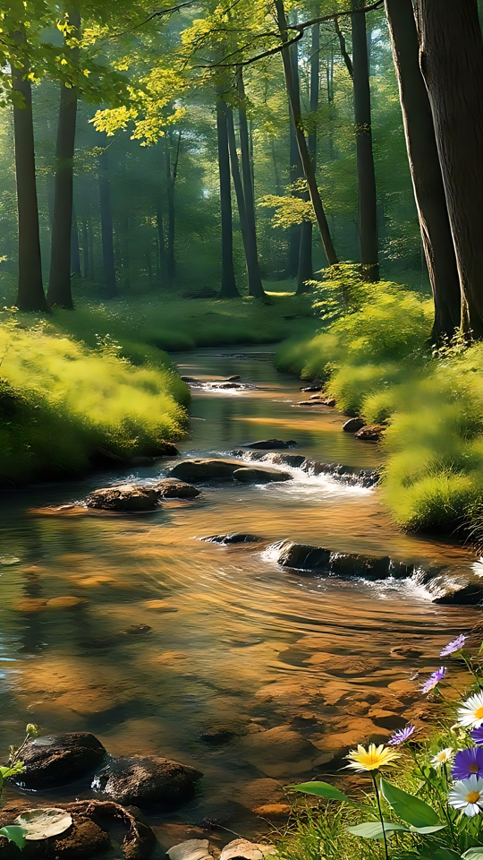 Riacho Sereno na Floresta com Atmosfera Iluminada pelo Sol Uma serena cena de floresta com um riacho claro cercado por árvores altas, grama iluminada pelo sol e flores silvestres coloridas.