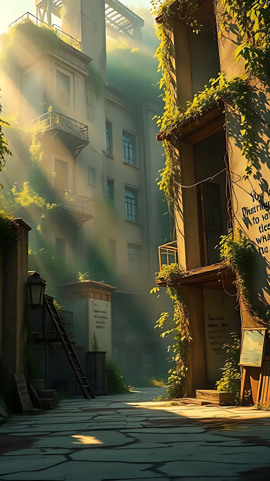 Citações que Levam à Reflexão em um Beco Urbano Coberto por Mato Um beco urbano abandonado iluminado pelo sol, com paredes cobertas por citações inspiradoras e vegetação exuberante.
