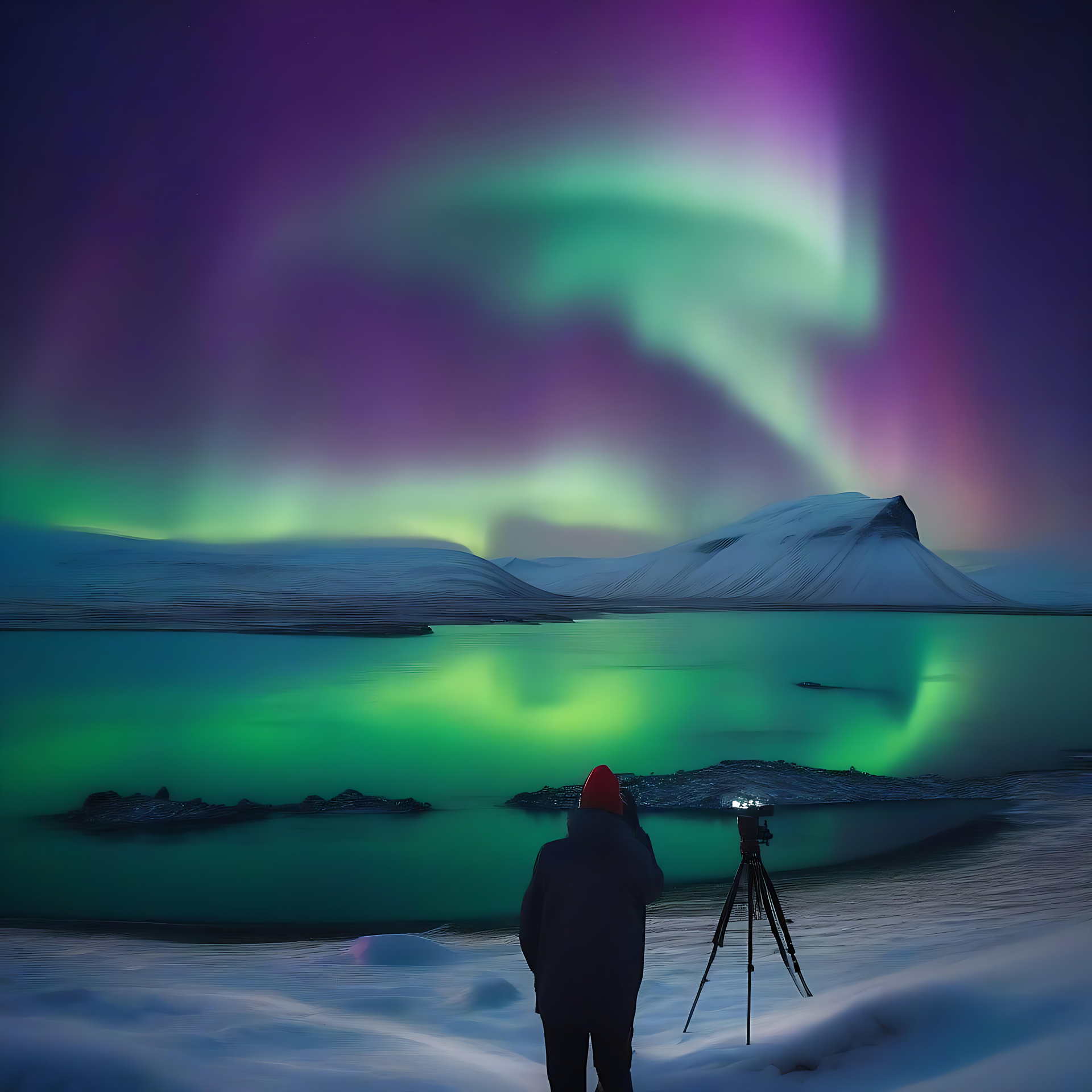 Sea Testigo de la Aurora Boreal en la Majestuosa Serenidad Ártica Un viajero solitario fotografiando la Aurora Boreal reflejándose sobre un lago ártico.