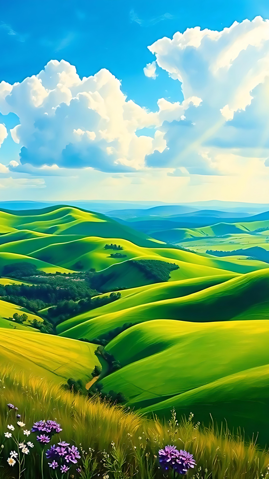 Delicie-se com a Beleza das Colinas Iluminadas pelo Sol e Flores Silvestres Uma vista deslumbrante de colinas verdes exuberantes, céu ensolarado e flores silvestres desabrochando
