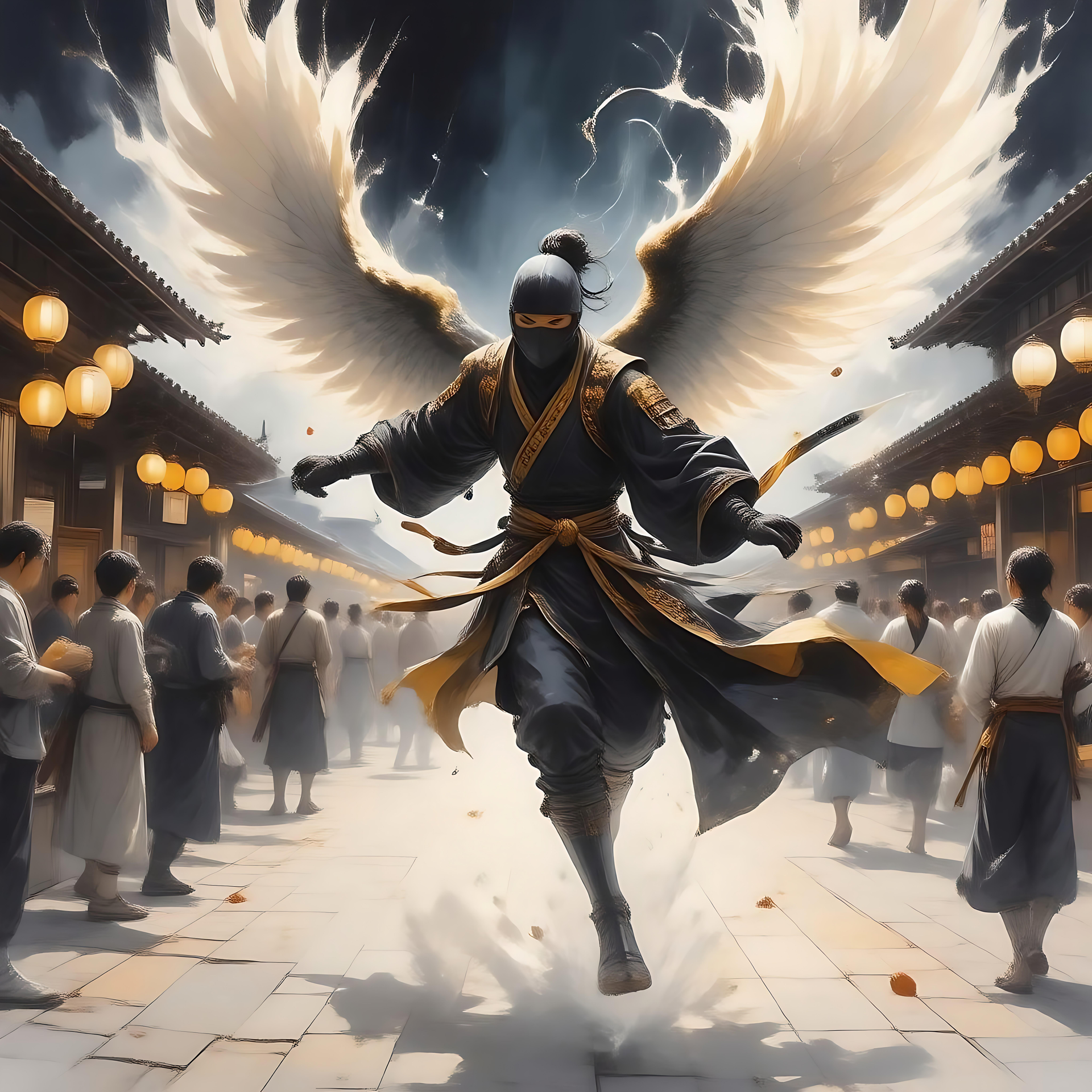 Ninja alado em meio a um mercado iluminado por lanternas Ninjas alados vestidos de preto e dourado em meio a um mercado iluminado por lanternas, cercados por espectadores.