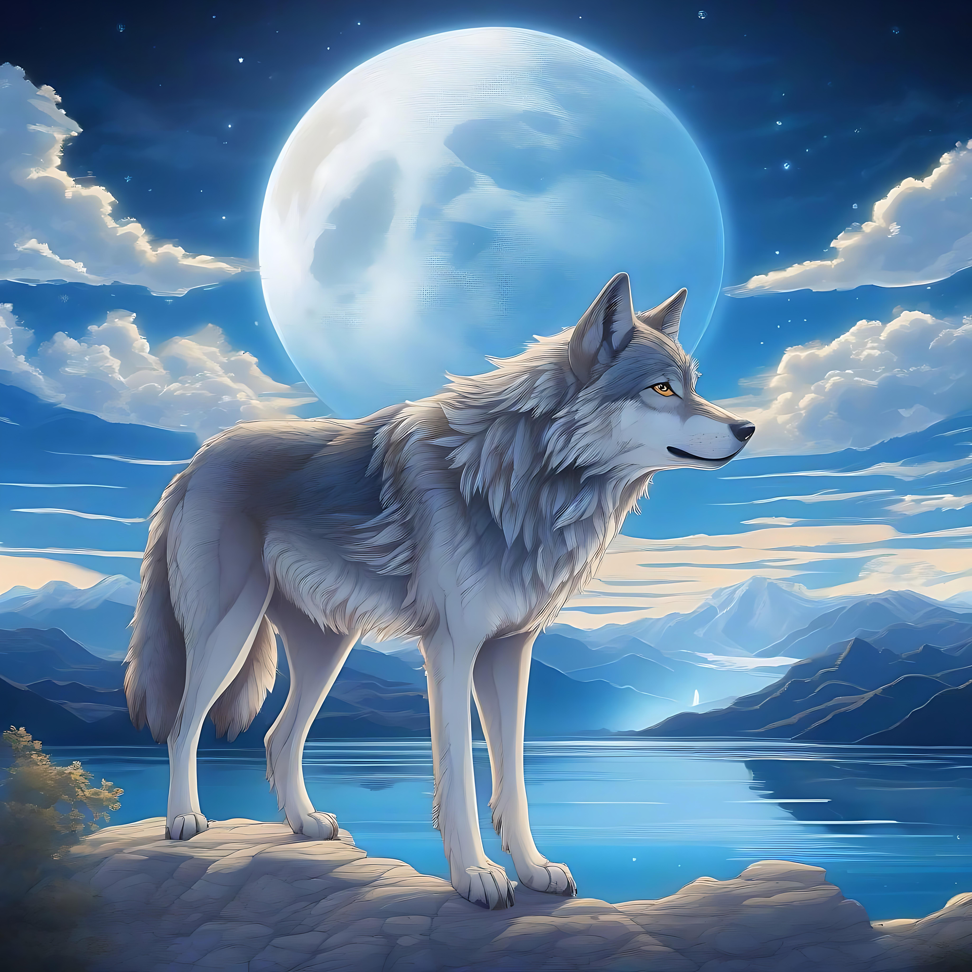 Anime Wolf unter einem strahlenden Mond Ein majestätischer Wolf im Anime-Stil steht auf einer Klippe unter einem strahlenden Vollmond und einem lebendigen Nachthimmel.