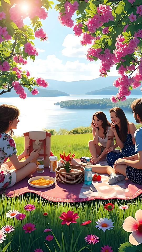 Tranquilidad Bajo Árboles en Flor Rosa: Un Piquenique a Orillas del Lago Un pintoresco picnic a orillas del lago bajo árboles en floración rosa, con un grupo disfrutando de comida y naturaleza.