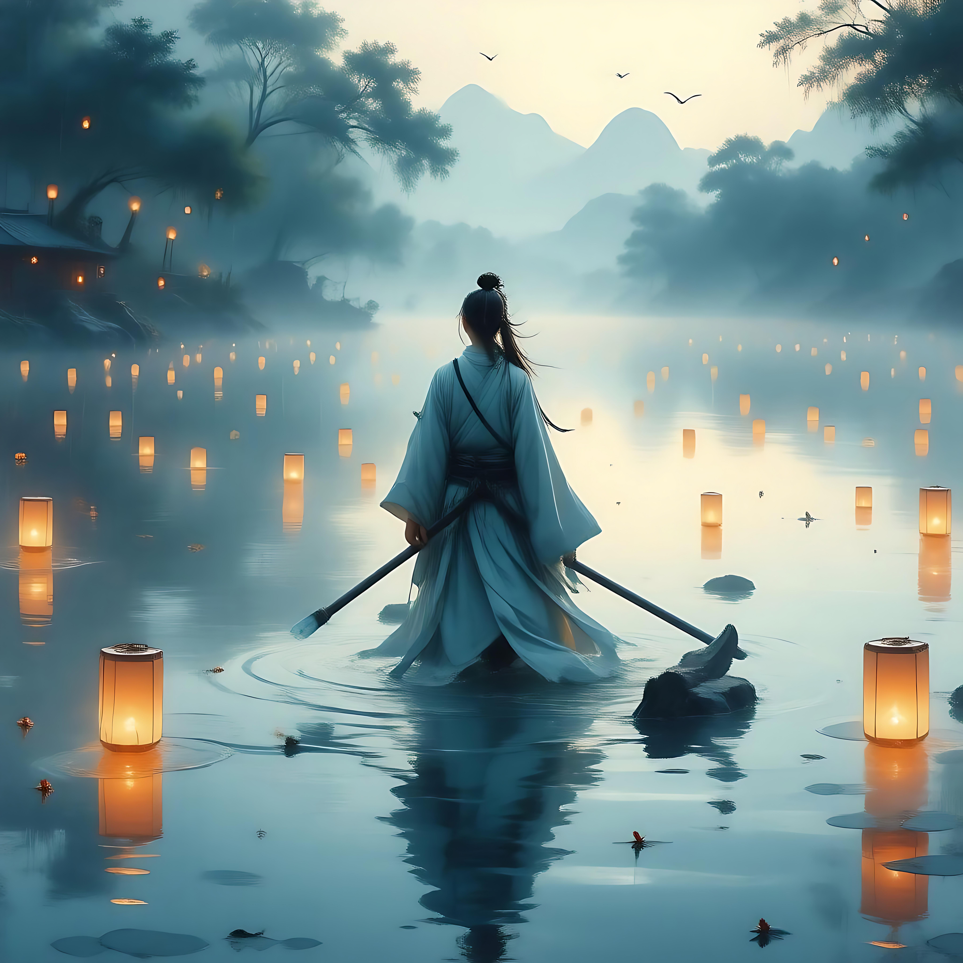 Sereno Samurai che Medita su Tranquillo Lago Illuminato da Lanterne Samurai anime che medita su un tranquillo lago illuminato da lanterne, circondato da montagne nebbiose e alberi.