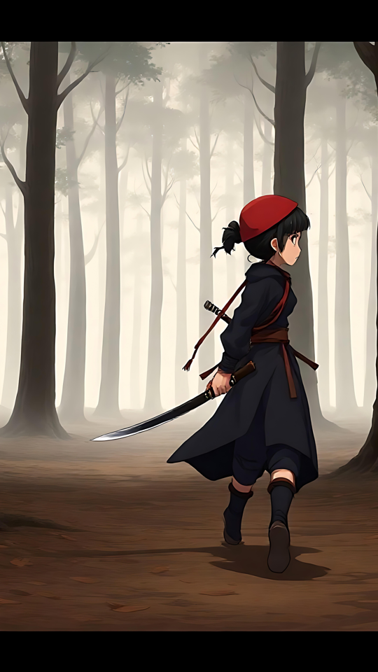 Samurai-Wanderer in einem mystischen Wald Anime-Samurai geht mit einem Schwert durch einen nebligen Wald