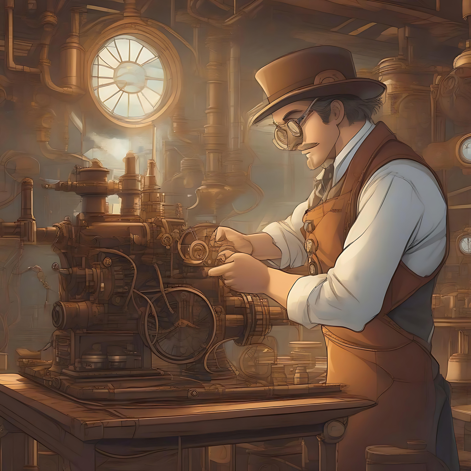 L'Ingegnosa Opera d'Arte dell'Ingegnere Steampunk Opera d'arte anime che raffigura un ingegnere steampunk in un'officina meccanica dettagliata.
