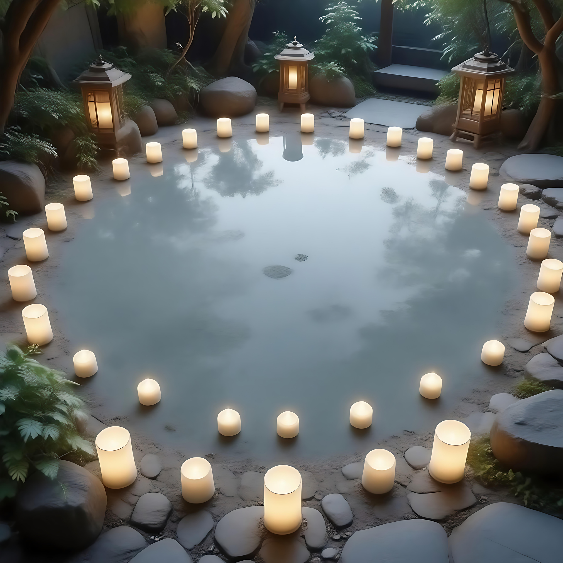 Mergulhe na Calma Etérea de um Jardim Zen Anime Cena de jardim Zen inspirada em anime com velas brilhantes em torno de um lago reflexivo e vegetação exuberante.