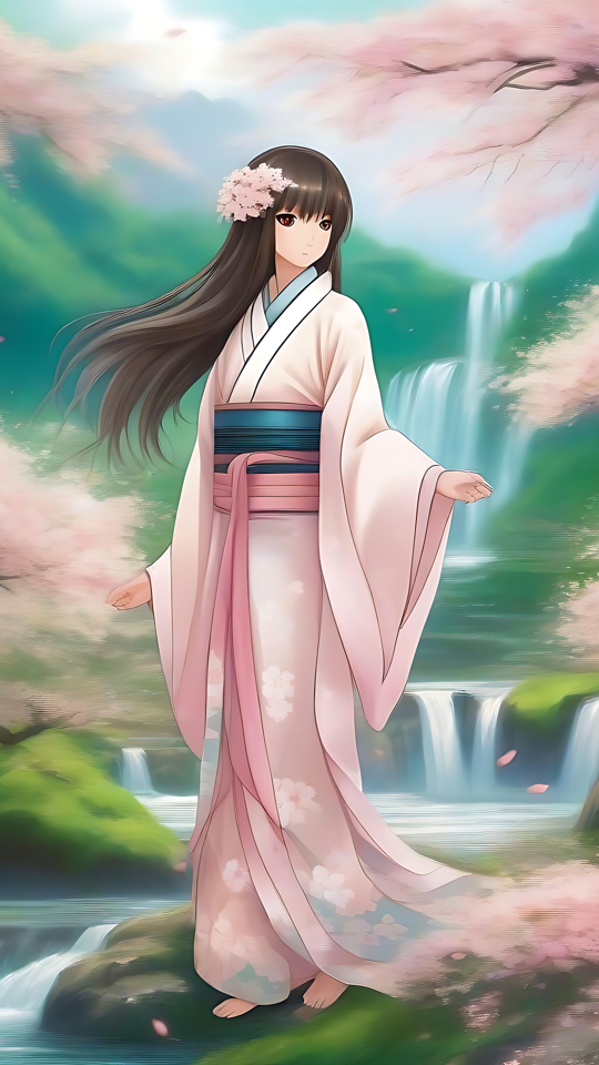 Bezaubernde Anime-Kirschblütenserenität Eine Anime-Figur in einem rosa Kimono, umgeben von Kirschblüten und einem Wasserfall.