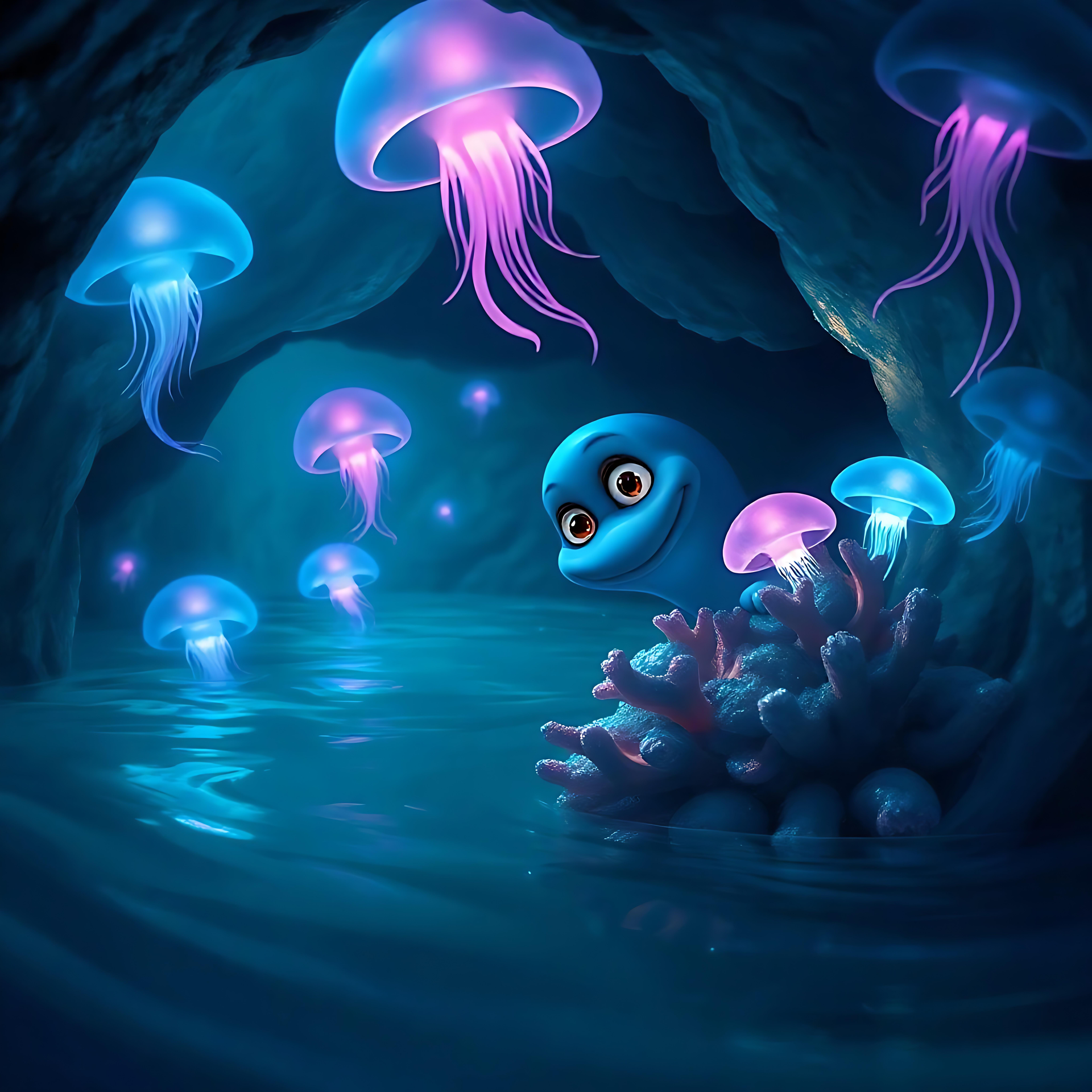 Immergiti nel magico bagliore dell'avventura sottomarina Disney Scena sottomarina magica ispirata a Disney con meduse luminose e un personaggio acquatico giocoso.