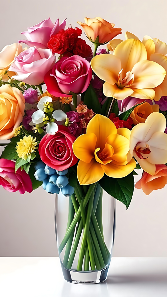 Papel de parede requintado de buquê floral em 8K Um vibrante buquê floral com uma variedade de flores coloridas em um vaso de vidro transparente.