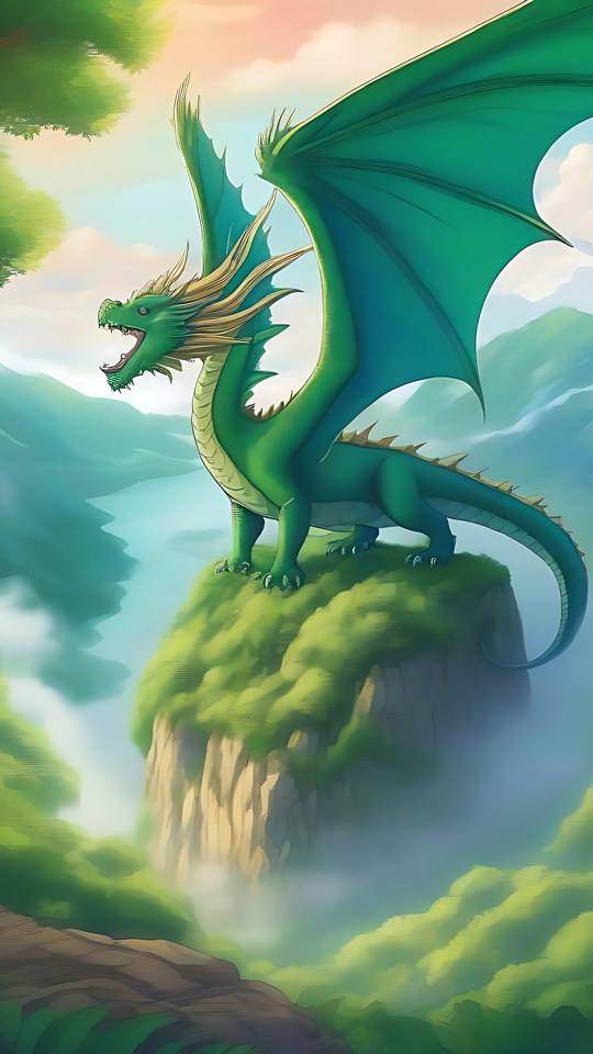 Dragão Verde Majestoso Olhando para uma Floresta Nebulosa Dragão verde empoleirado em um penhasco nebuloso cercado por uma floresta vibrante.