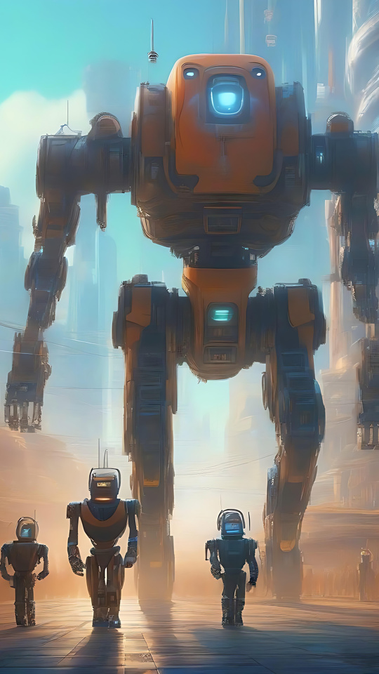 Spécial Fête des Pères : Un Hommage Futuriste avec des Robots Paysage urbain futuriste avec un robot géant entouré de robots plus petits symbolisant la Fête des Pères