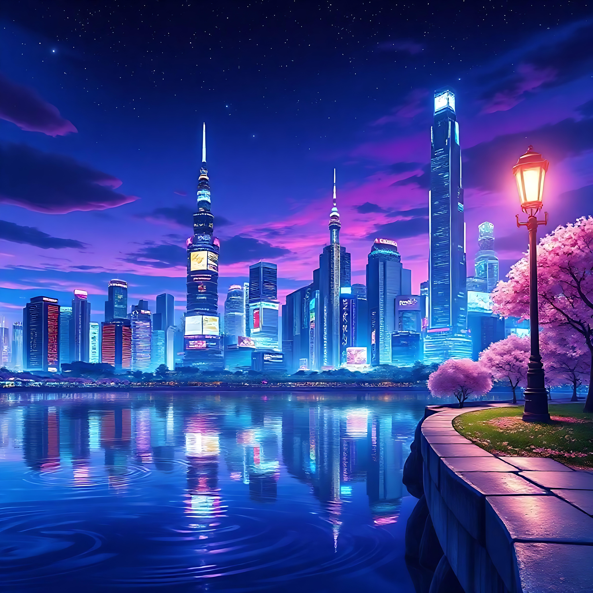 Horizon Urbain Animé Serein la Nuit Un paysage urbain futuriste inspiré de l'anime la nuit avec des gratte-ciel lumineux, des cerisiers en fleurs et un front de mer réfléchissant.