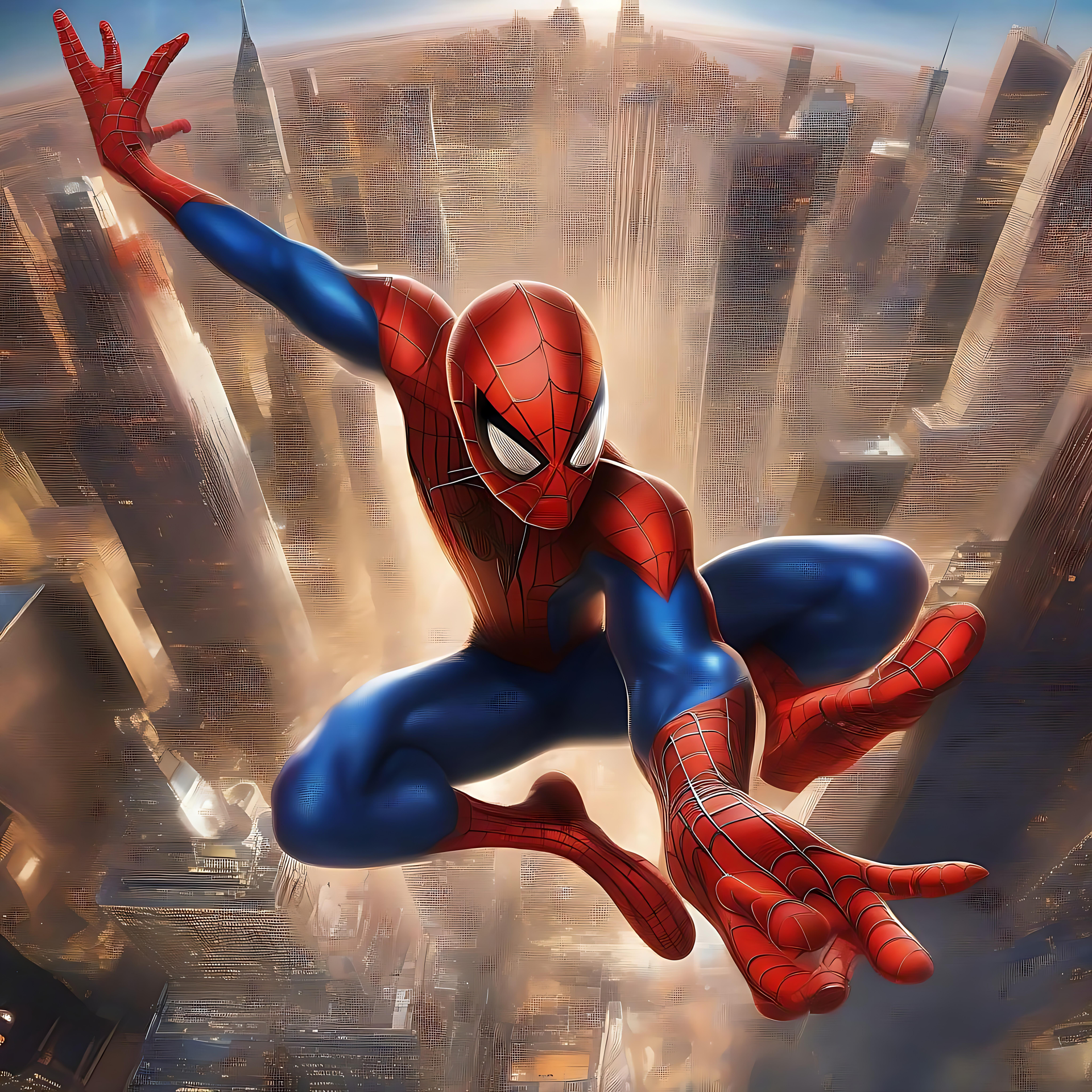 Spider-Man che si muove sullo skyline in Epic 8K Spider-Man si muove su un vivace skyline urbano con i grattacieli sullo sfondo