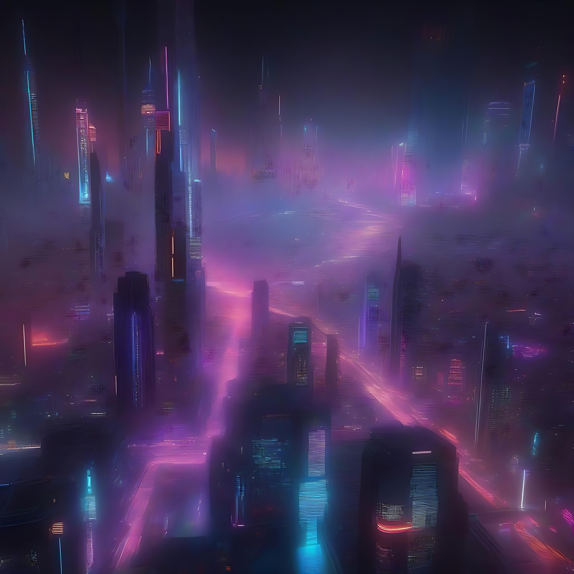 Misterioso Horizonte Cyberpunk Neon Uma paisagem urbana futurista cyberpunk imersa em luzes neon rosa, azul e violeta, com arranha-céus imponentes e um rio brilhante.