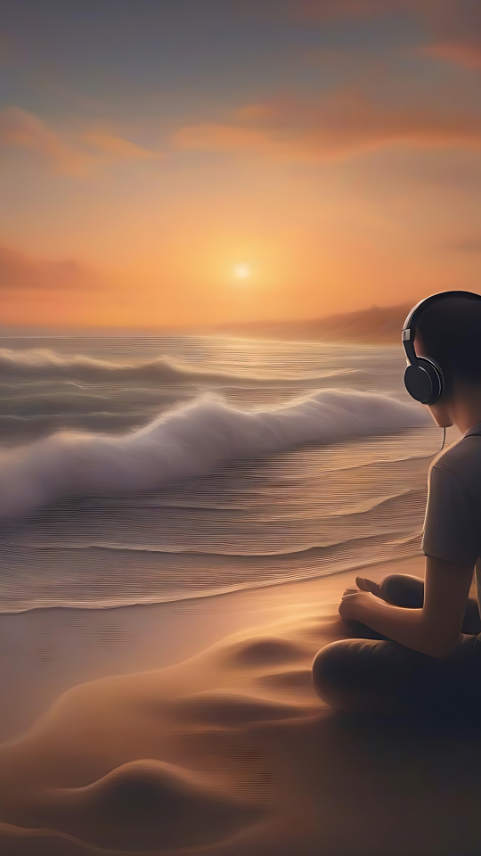 Fördjupad i musik vid solnedgången på stranden En person som sitter på stranden vid solnedgången med hörlurar, förlorad i musik