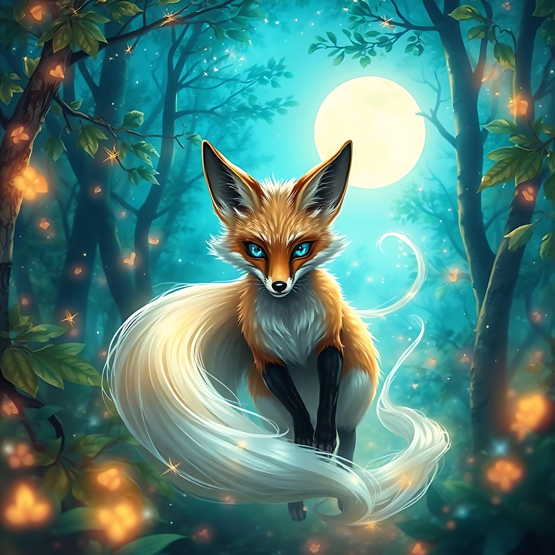 Mystical Fox Under Moonlight: Fortryllende anime kunst En mystisk ræv i en glødende skov omgivet af ildfluer.