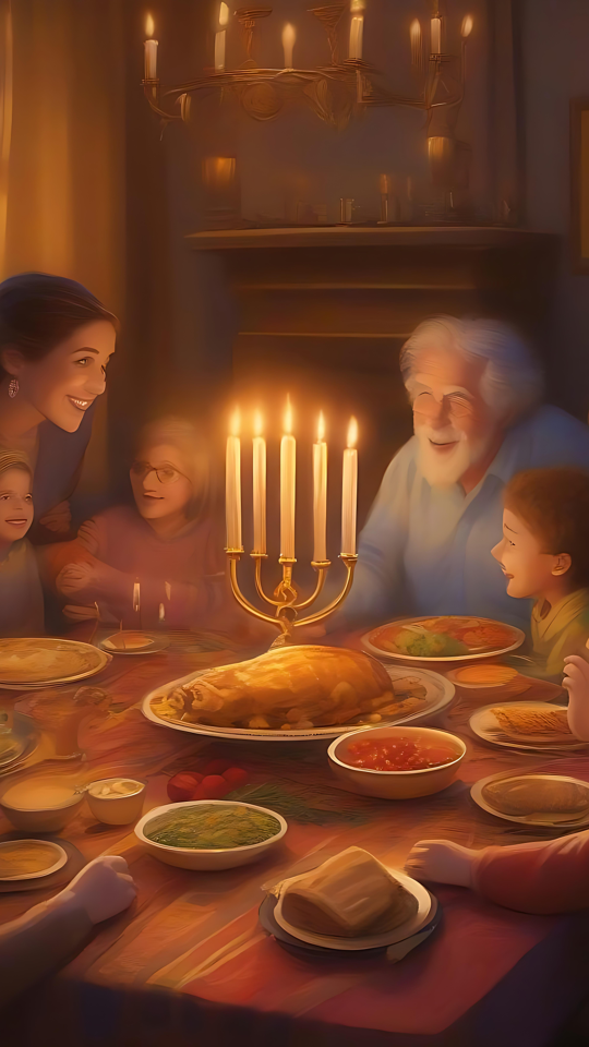 Fira värmen i Hanukkah-traditionerna i 8K En varm Hanukkah familjemiddagsscen med en menorah som mittpunkt och traditionell mat på bordet.