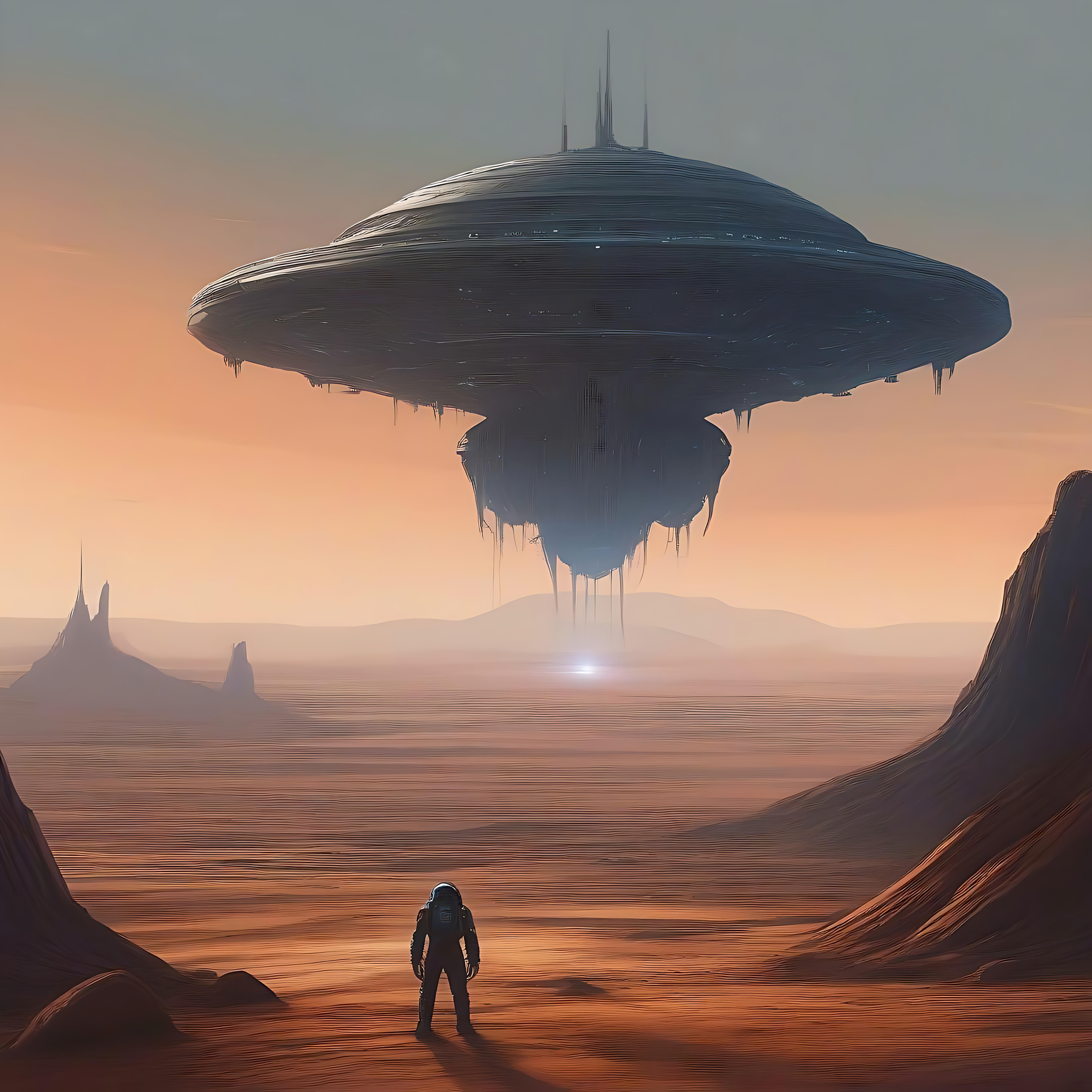 Uzaylı Çöl Manzarasının Üzerinde Gezinen Uzay Gemisi Hover eden bir uzay gemisi ve yalnız bir astronot içeren bilim kurgu çöl manzarası.
