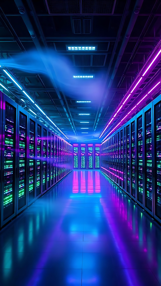 ネオングロウ サイバーパンクサーバー室の傑作 なめらかな床に反射する鮮やかな青、紫、緑のライトを備えた、光り輝くネオンサイバーパンクスタイルのサーバー室。