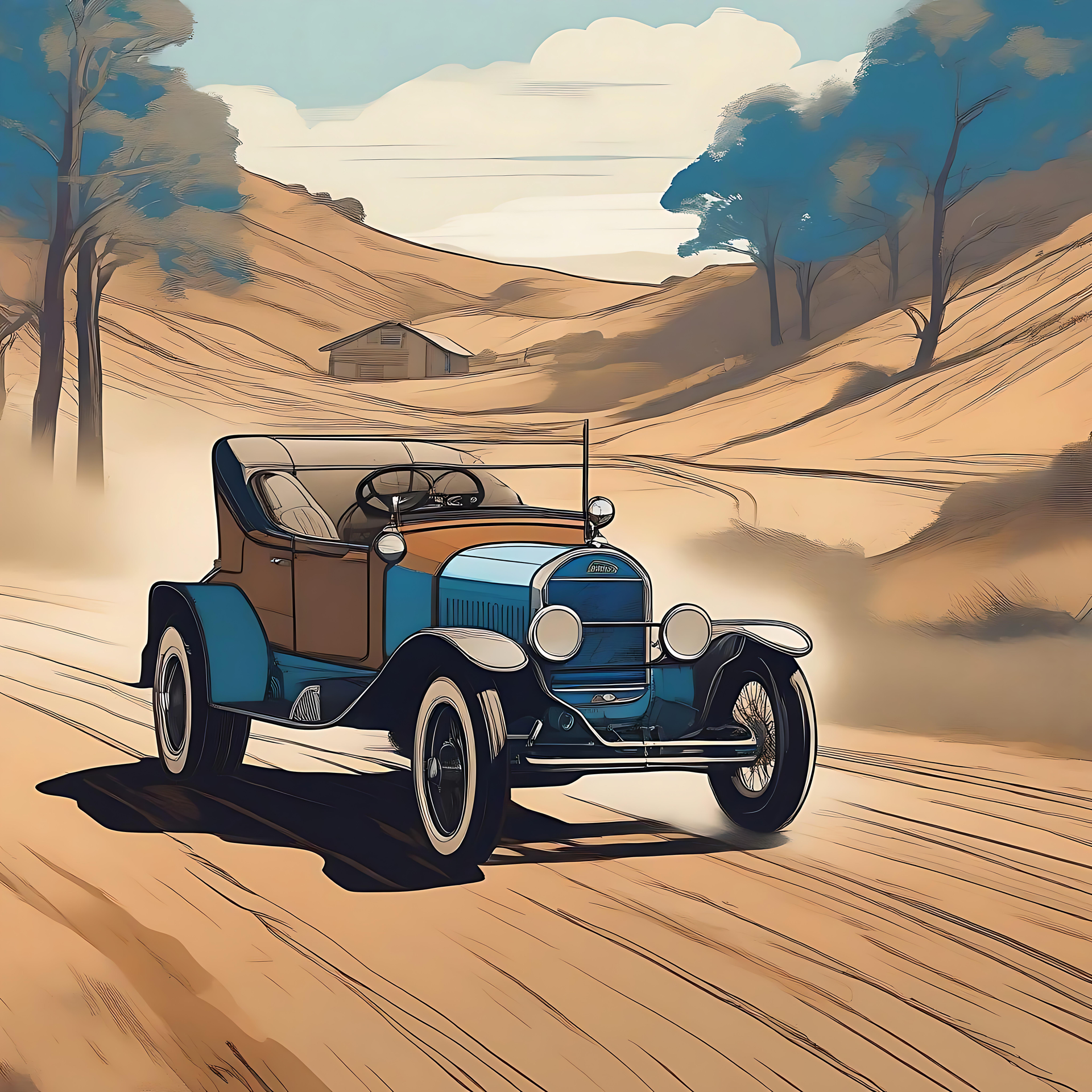 Retro-ilo: Vintage-auto maaseututiellä Vintage-auto ajaa rauhallisella maaseututiellä kultaisten peltojen kanssa.