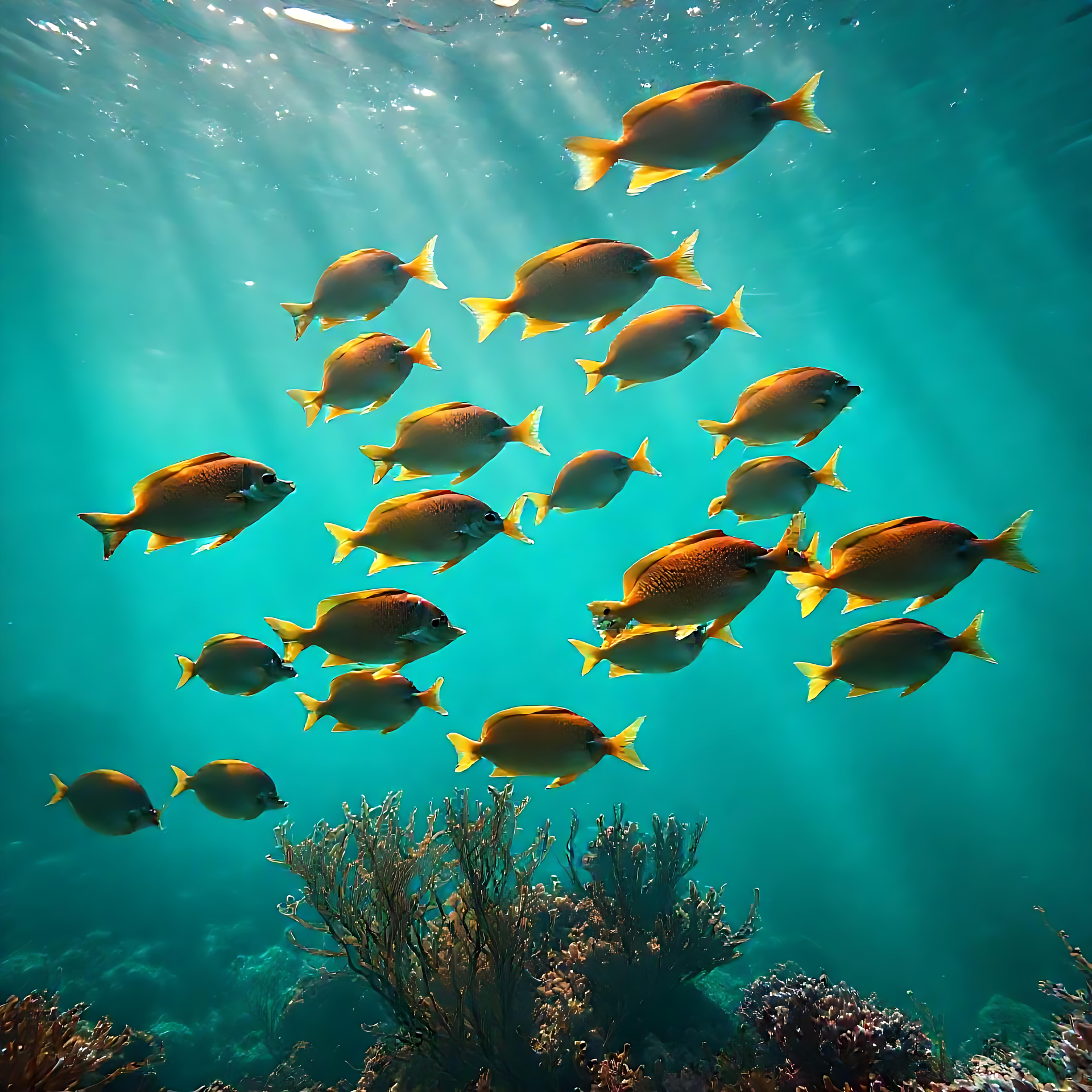 金色の魚の海のシンフォニー 太陽光線の下、サンゴ礁の上を泳ぐ金色の魚がいる水中シーン。