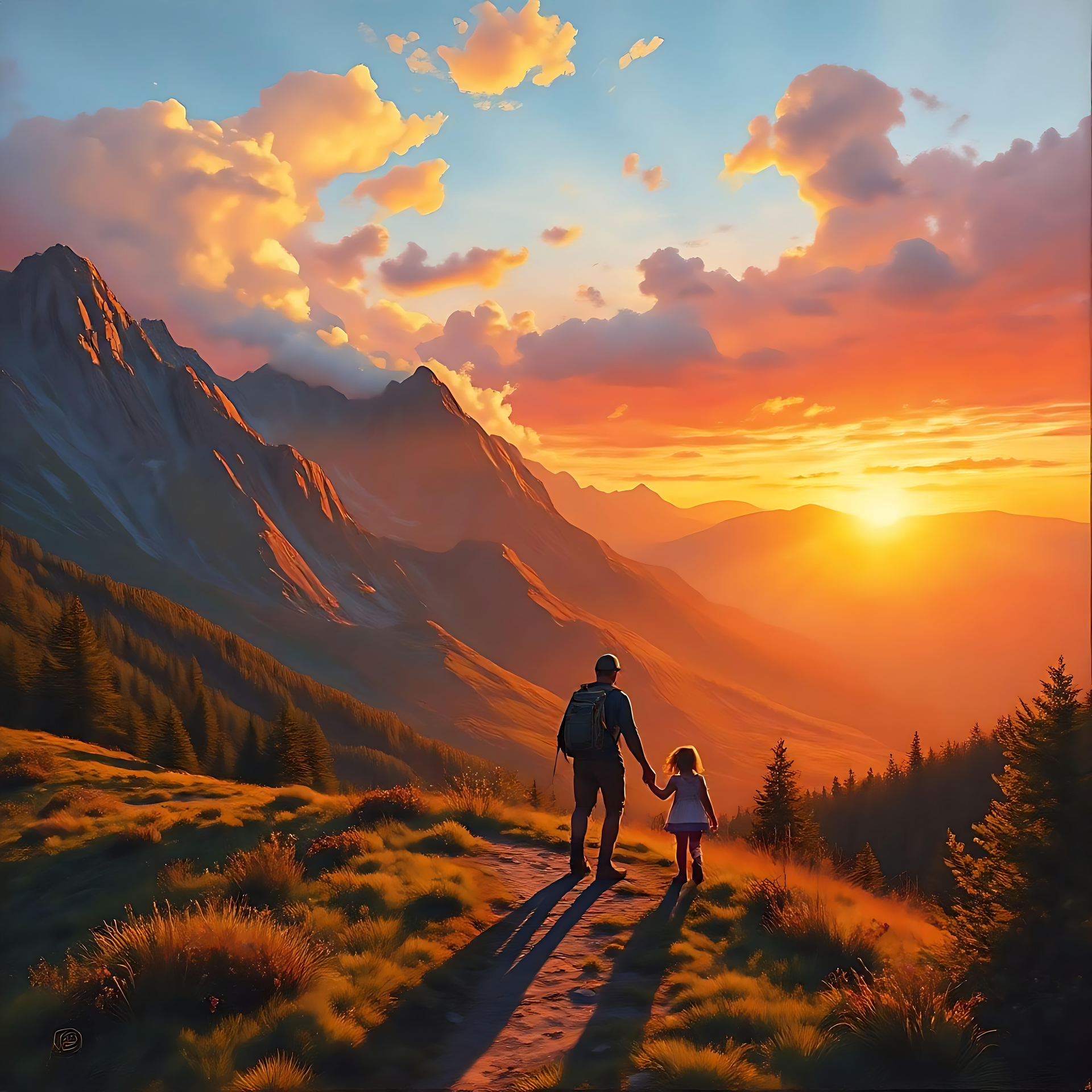 Un paseo al atardecer del Día del Padre en las montañas Un padre sosteniendo la mano de su hija caminando por un sendero de montaña durante el atardecer, rodeados de cielos vibrantes y picos escarpados.