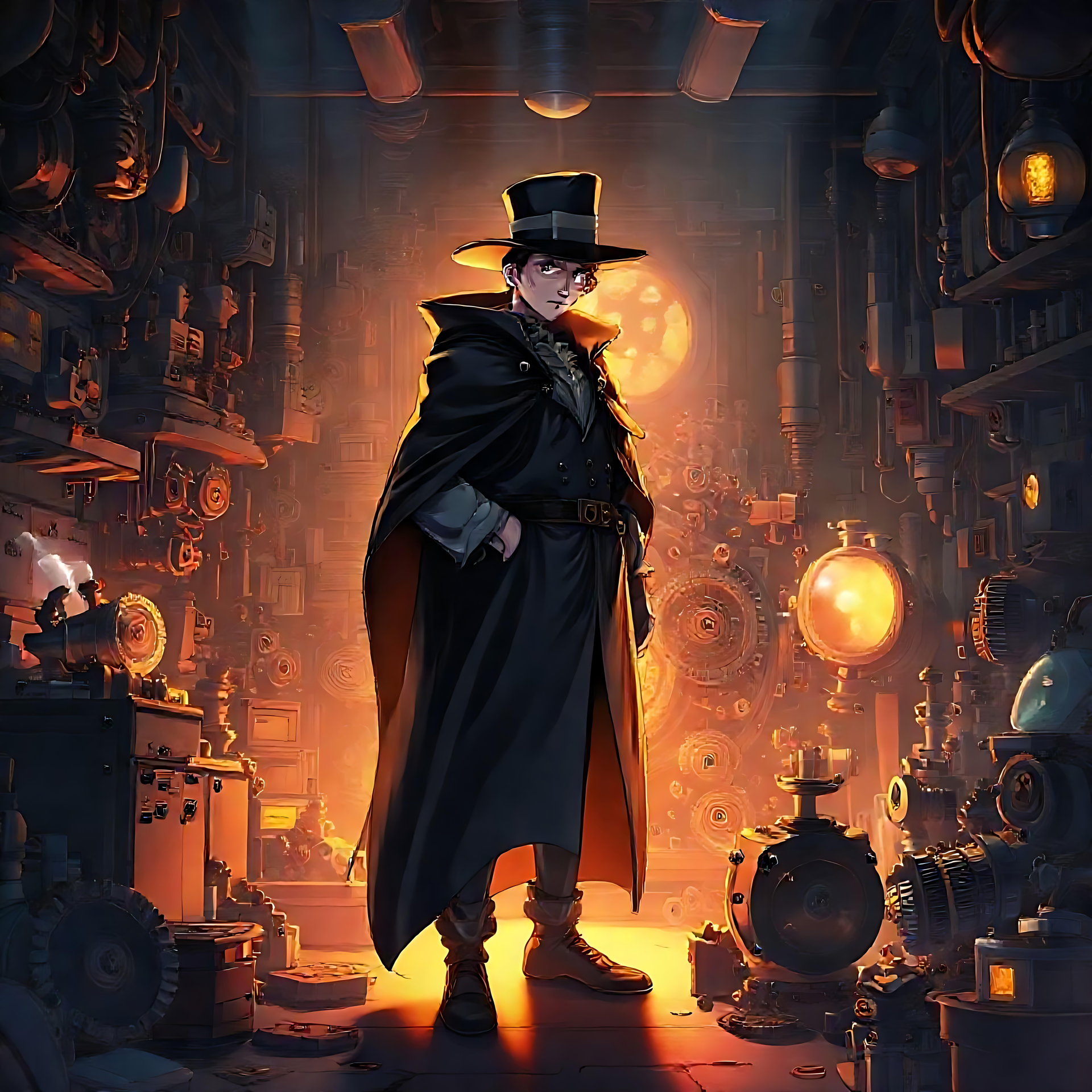 Steampunk Opfinder i et Lysende Værksted En steampunk anime-karakter i et mekanisk værksted, der lyser med gear og varm belysning.
