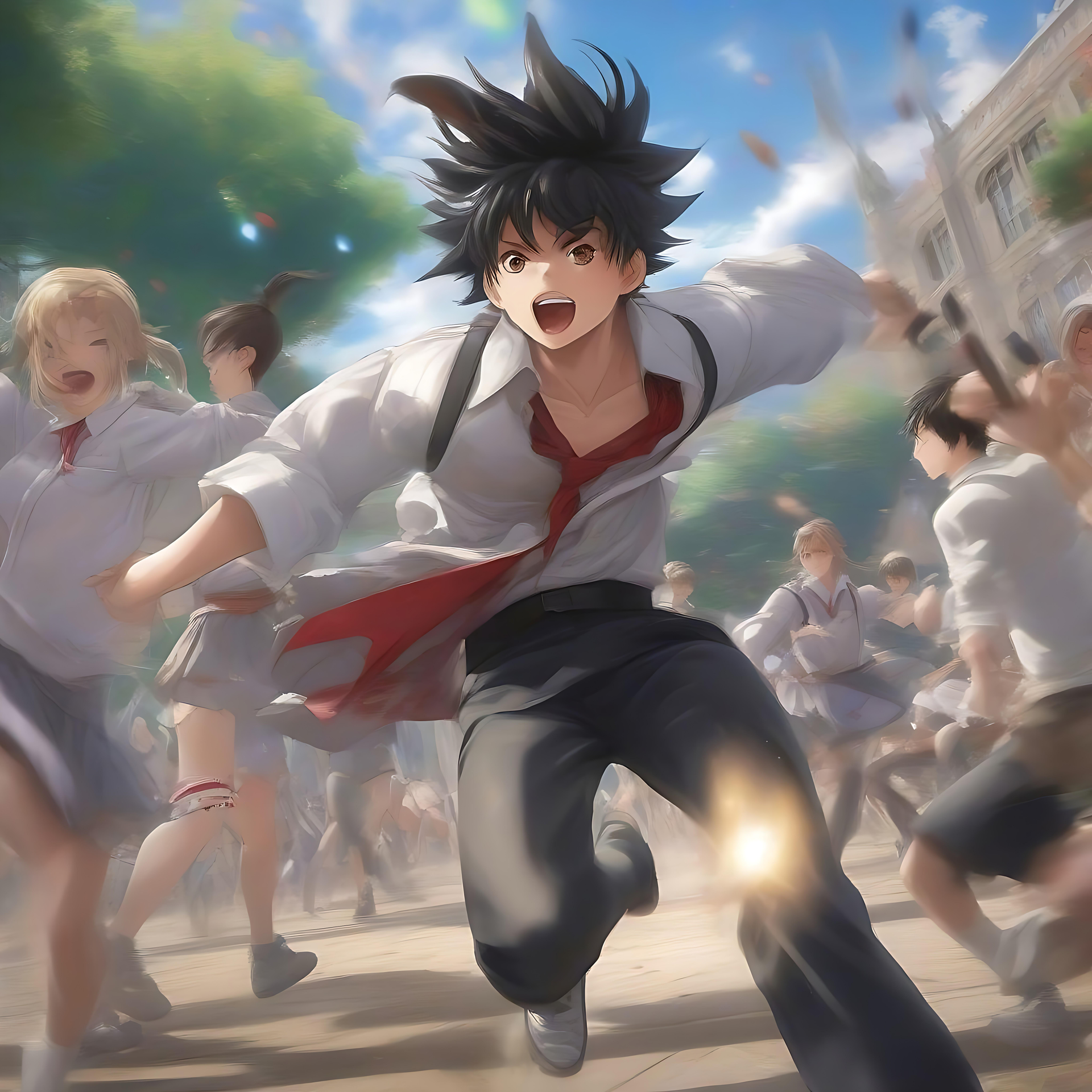 Hochenergetische Anime-Schulumgebung in atemberaubendem 8K Eine energiegeladene Anime-Schulszene mit lebhaften Charakteren und Bewegung.