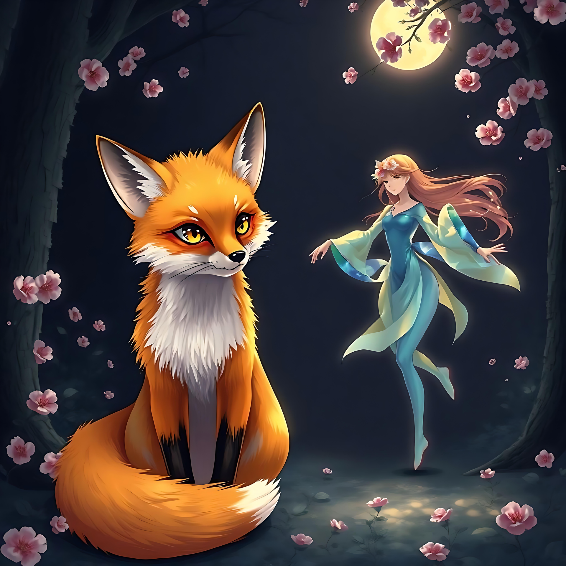 마법에 걸린 달빛 숲: 마법 같은 애니메이션 장면 마법의 숲에서 벚꽃에 둘러싸여 빛나는 보름달 아래 앉아 있는 여우를 그린 평화로운 애니메이션 작품입니다.